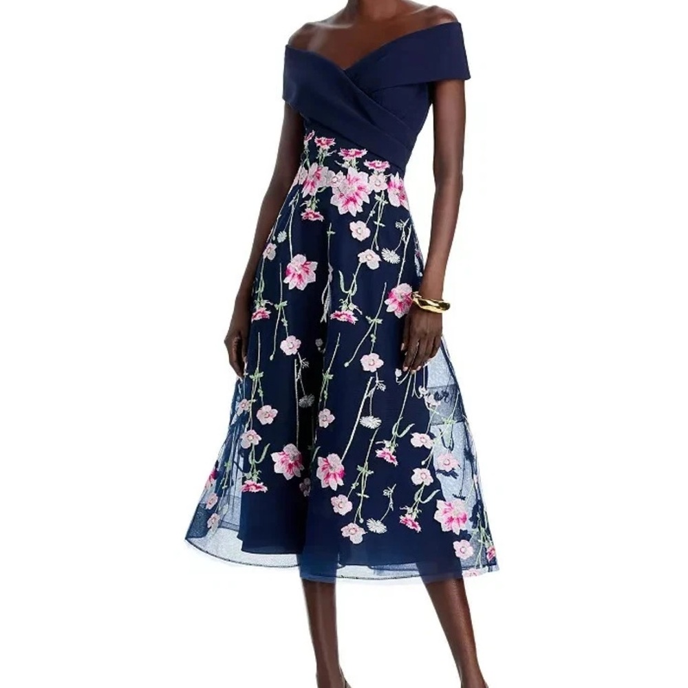 Teri Jon by Rickie Freeman Crepe Off Shoulder Embroidered Tulle Dress Women's 12